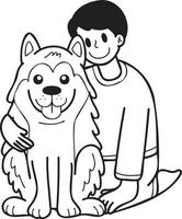 el dueño dibujado a mano abraza la ilustración del perro husky en estilo garabato vector