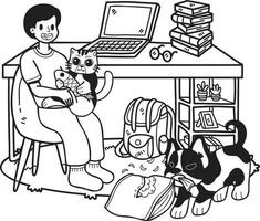 el propietario dibujado a mano juega con los perros y gatos en la ilustración de la sala de oficina en estilo garabato vector