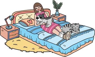 Hand Drawn owner is sleeping with the dog and cat in the room illustration in doodle style