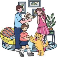 familia dibujada a mano jugando con perro y gato en la ilustración de la sala de estar en estilo garabato vector