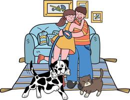 el dueño dibujado a mano juega con los perros y gatos en la ilustración de la habitación en estilo garabato vector