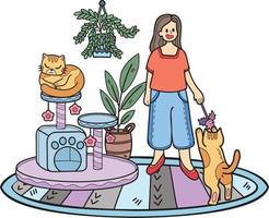 dibujado a mano el dueño juega con el gato en la ilustración de la habitación en estilo garabato vector