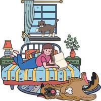 Hand Drawn owner is lying in the room reading a book with the dog and cat illustration in doodle style vector