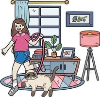 Hand Drawn The owner walks with the cat in the room illustration in doodle style vector
