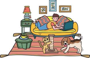 el dueño dibujado a mano está durmiendo con el perro y el gato en la ilustración de la habitación en estilo garabato vector