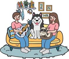 Hand Drawn The owner plays guitar with the dog and cat in the living room illustration in doodle style