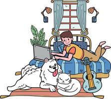 Hand Drawn Owner working on laptop with dog and cat in bedroom illustration in doodle style vector