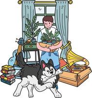 Hand Drawn Owner and husky Dog moving into a new home illustration in doodle style vector