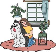 dibujado a mano el dueño abrazó al perro en la ilustración de la habitación en estilo garabato vector