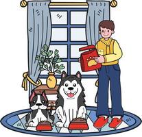 Hand Drawn male owner Feeding the dog in the room illustration in doodle style vector