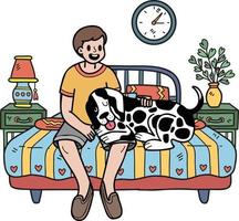 el dueño y el perro dibujados a mano están durmiendo en la ilustración de la habitación en estilo garabato vector