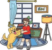 Hand Drawn The owner plays with the dog in the room illustration in doodle style vector