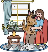 Hand Drawn The owner hugged the dog in the room illustration in doodle style vector