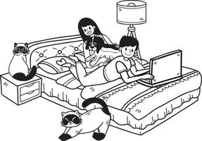 Hand Drawn Owner working on laptop with dog and cat in bedroom illustration in doodle style vector