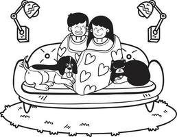 Hand Drawn owners are watching movies in blankets with dogs and cats illustration in doodle style vector