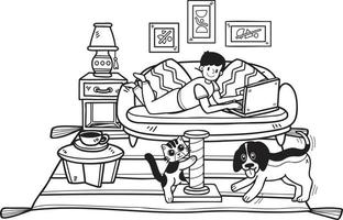 el dueño dibujado a mano está durmiendo con el perro y el gato en la ilustración de la habitación en estilo garabato vector