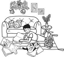 el dueño dibujado a mano está acostado en la habitación leyendo un libro con la ilustración del perro y el gato en estilo garabato vector