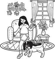 dibujado a mano el dueño juega con el perro en la ilustración de la habitación en estilo garabato vector