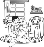 Hand Drawn owner and dog are sleeping in the room illustration in doodle style vector