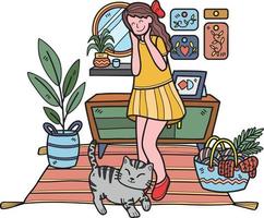 Hand Drawn The cat begs its owner in the living room illustration in doodle style vector