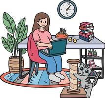 mujer dibujada a mano que trabaja en una computadora portátil con un gato en la ilustración de la oficina en estilo garabato vector