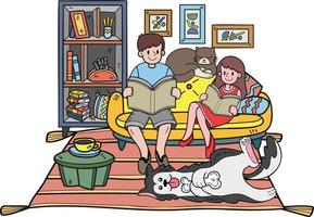 Hand Drawn owner reads a book with the dog and cat in the room illustration in doodle style