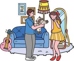 Hand Drawn Man gives a cat as a gift to a woman illustration in doodle style vector