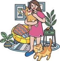 Hand Drawn The owner hugs the dog and catin the living room illustration in doodle style vector