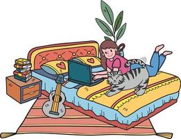 Hand Drawn Owner working on laptop with cat in office illustration in doodle style vector