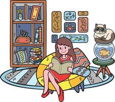dibujado a mano el dueño se sienta y lee un libro con el gato en la ilustración de la sala de estar en estilo garabato vector