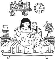 Hand Drawn The owner sits hugging the cat in the blanket in the bedroom illustration in doodle style vector