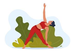 Female character doing yoga exercises on fresh air. Outdoor yoga. Wellness, healthcare and lifestyle concept. Vector illustration.