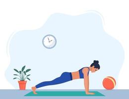 Female character doing yoga exercises at home. Wellness, healthcare and lifestyle concept. Vector illustration.