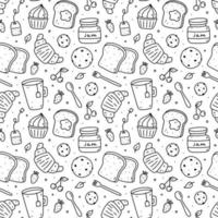 Cute seamless pattern with breakfast food - tea, toasts, jam, croissants, cookies, cupcakes and berry. Vector hand-drawn doodle illustration. Perfect for print, wrapping, wallpaper, various designs.