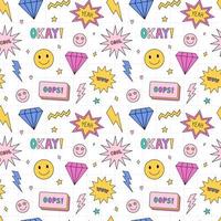 Bright seamless pattern in the style of the 90s. Colorful diamonds, lightnings, smile, speech bubbles and stars with words - cool, wow, yeah, oops. Nostalgia for the 1990s. Funny print. vector