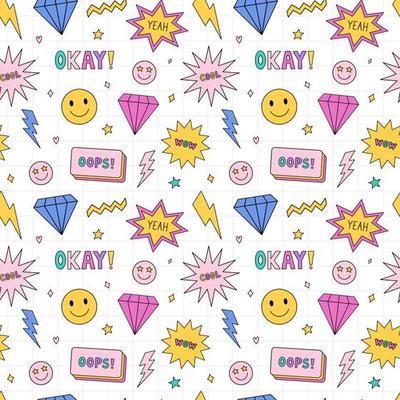 Bright seamless pattern in the style of the 90s. Colorful diamonds, lightnings, smile, speech bubbles and stars with words - cool, wow, yeah, oops. Nostalgia for the 1990s. Funny print.