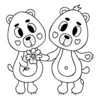 Cute pair in love bears with flower. Vector illustration in doodle style. Funny cute animal characters. Outline drawing.