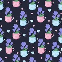 floral seamless pattern. Spring bouquet of flowers crocuses in cups on black background. Vector illustration. Botanical pattern for decor, design, packaging, wallpaper, textile.