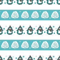 Cute geometric winter pattern with penguins and snowy trees. Funny vector print with baby animals for kids textile, wrapping paper