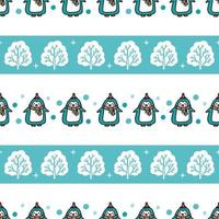 Cute geometric winter pattern with penguins and snowy trees. Funny vector print with baby animals for kids textile, wrapping paper