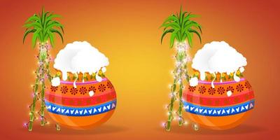 Happy Pongal Holiday Harvest Festival of Tamil Nadu South India. Canes decorated with flashing lights and a Pongal pot nearby. vector illustration