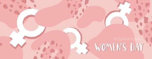 Vector International Women's Day horizontal banner. 8th march. Soft Pink poster with abstract shapes and female symbol. Vector background in flat style for greeting card, postcard, web, banner