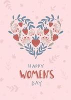 Vector flowers and hearts decorated greeting card for Happy International Women's Day celebration. Flat hand drawn poster on soft pink background