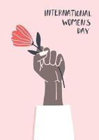 flores vectoriales y corazones decorados con tarjetas de felicitación para la feliz celebración del día internacional de la mujer. cartel dibujado a mano plana sobre fondo rosa suave vector