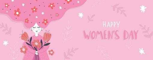 Vector International Women's Day horizontal banner. 8th march. Soft Pink poster with with a woman holding a bouquet of flowers and Happy Womens Day wish. Flat background for web, banner