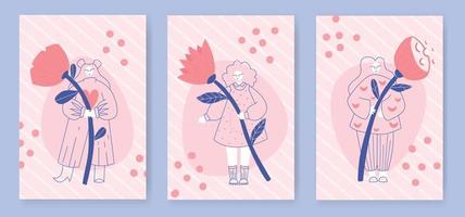 Set of Poster for Happy Women's Day, March 8, International Women's Day, Wonderful Day, Mothers day. Three happy woman holding flowers. Templates for card, banner, flyer vector