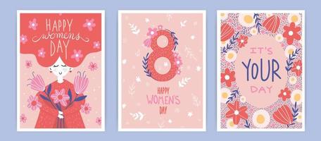 Set of vector greeting card or postcard templates with hand drawn flower bouquet, floral wreath, women and Happy Womens Day wish. Modern festive vector illustration for 8 March celebration