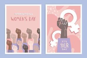 International Women Day concept. Poster with female hands of different nationalities clenched into fist . Feminism activists and Happy Womens Day wish. Flat vector illustration on soft pink background