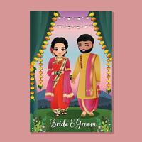 linda pareja hindú en traje tradicional indio personaje de dibujos animados tarjeta de invitación de boda romántica vector