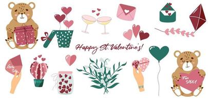 conjunto de elementos del día de san valentín. corazones, osos lindos, regalos, flores, globos, vasos. vector